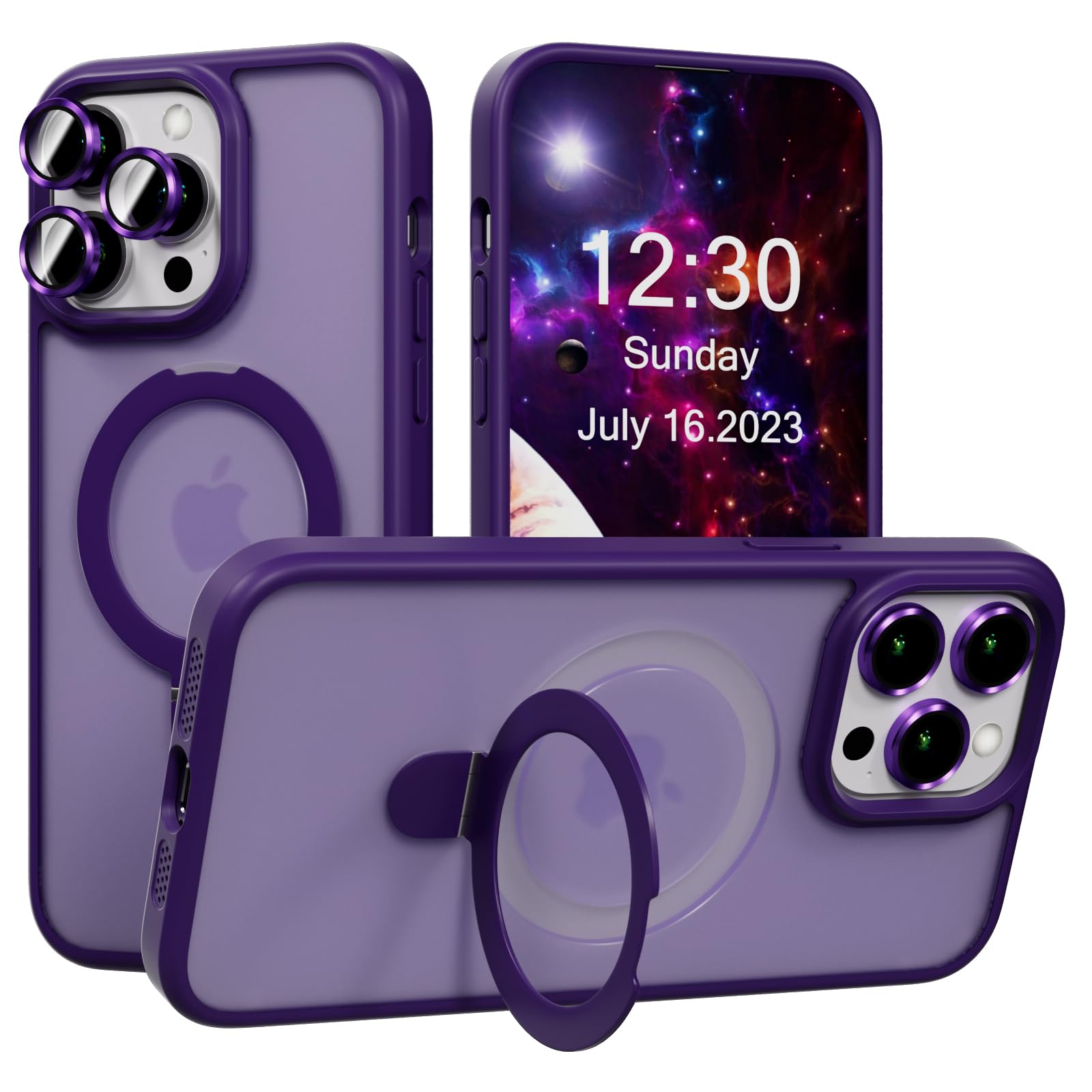 AKABEILA Case for iPhone 15 Pro Max Case with 3 Pcs Camera Lens Protector Frosted Matte Phone Case Cover Wireless Charging Magnetic Ring Stand 6.7 Inch Purple — image 1