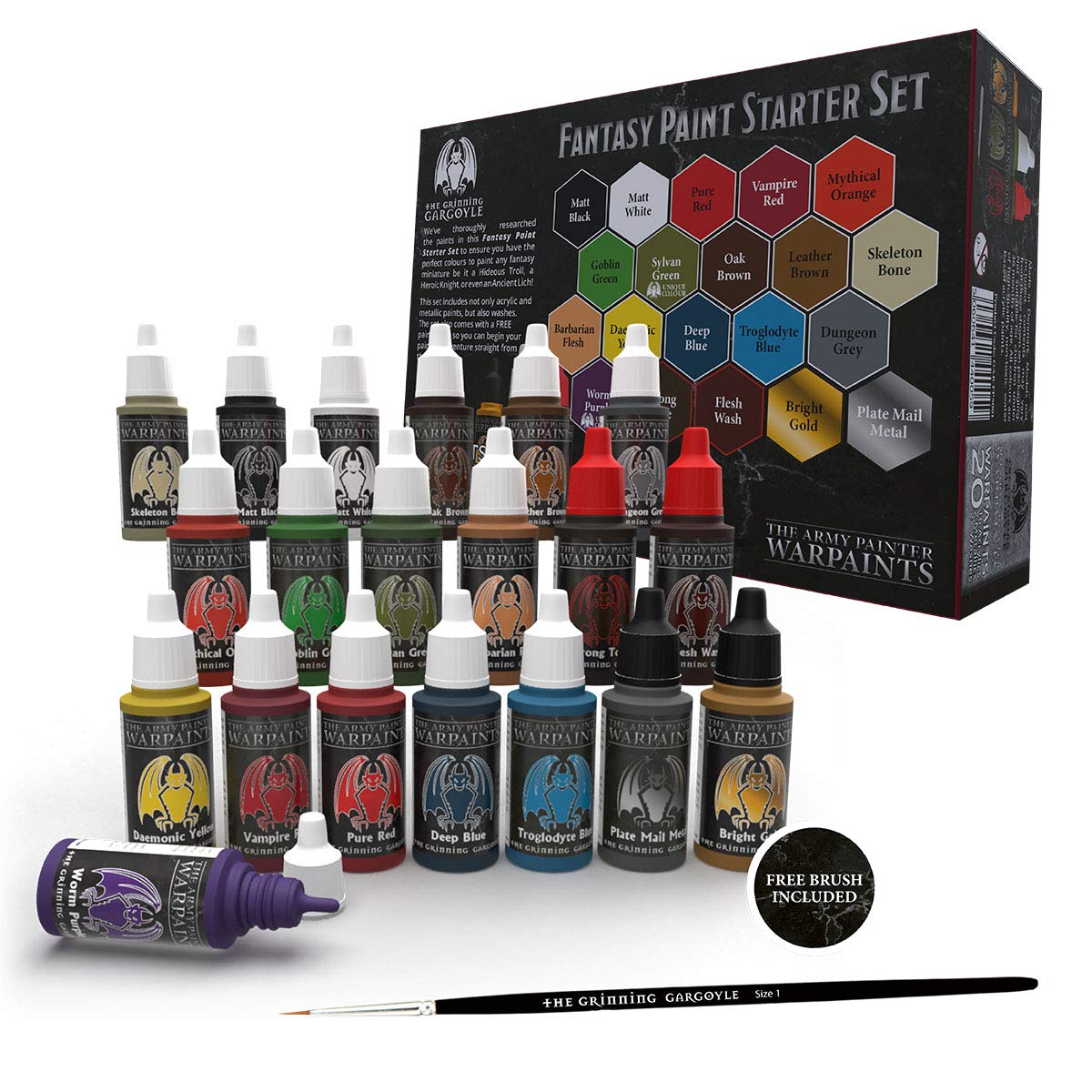 Gargoyle Fantasy Miniature Paint Set – Plastic Model Paints for Roleplaying Tabletop Figure - 20x Model Acyrilic Colours and a Brush - Miniature Painting DnD Starter Set- Model Paint (Starter)