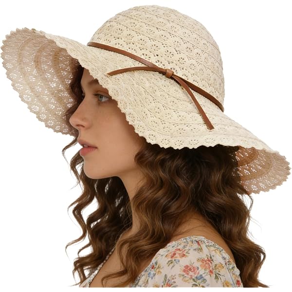 Women Sun Hat Wide Brim Straw Hat with Lace Ribbon Packable  display picture 1