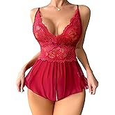 SOLY HUX Women's Lace Teddy Lingerie Spaghetti Strap Bodysuit Babydoll Sleepwear