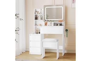 Vanity Desk with Mirror and Lights, Makeup Vanity with Adjustable Lights, Power Outlet & Storage: Dressing Table with Mirror,