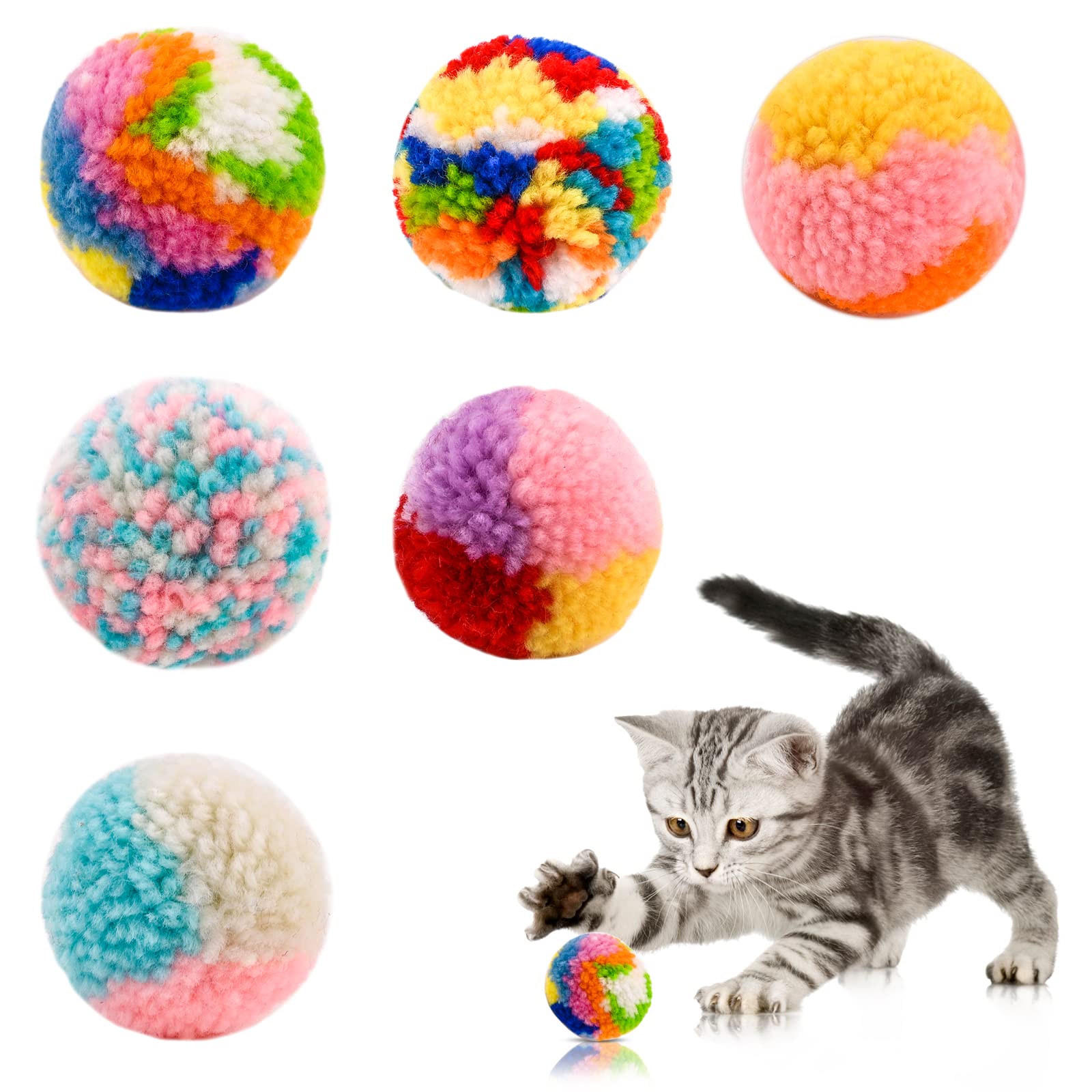 Jodsen 6 Packs Colorful Cat Toys, Soft Interactive Plush Bite-resistant Cat Balls Toys, Cute Kitten Toys Pet Pom Pom Balls for Playing, Chasing, Teeth Grinding, Chewing, Training(A)