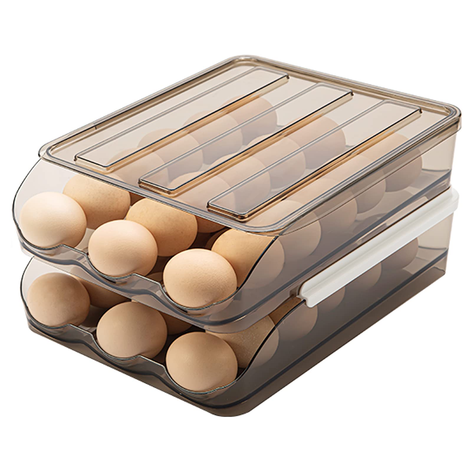 memeyou Auto Scrolling Deviled Egg Holder for Refrigerator Plastic Stackable Storage Container Reusable Clear Egg Tray Box with Lid Organizer Basket Bin Carrier Keeper(2 Layer)