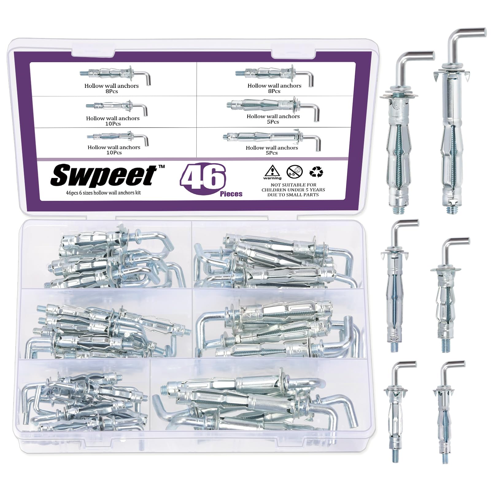 Swpeet 46Pcs M4X32mm M4X38mm M5X37mm M5X52mm M6X52mm M6X65mm L-Shape Heavy Duty Hollow Wall Anchor Set, Hollow Drive Wall Anchor Screws Assortment Kit for Drywall Hollow Wall Plaster Walls