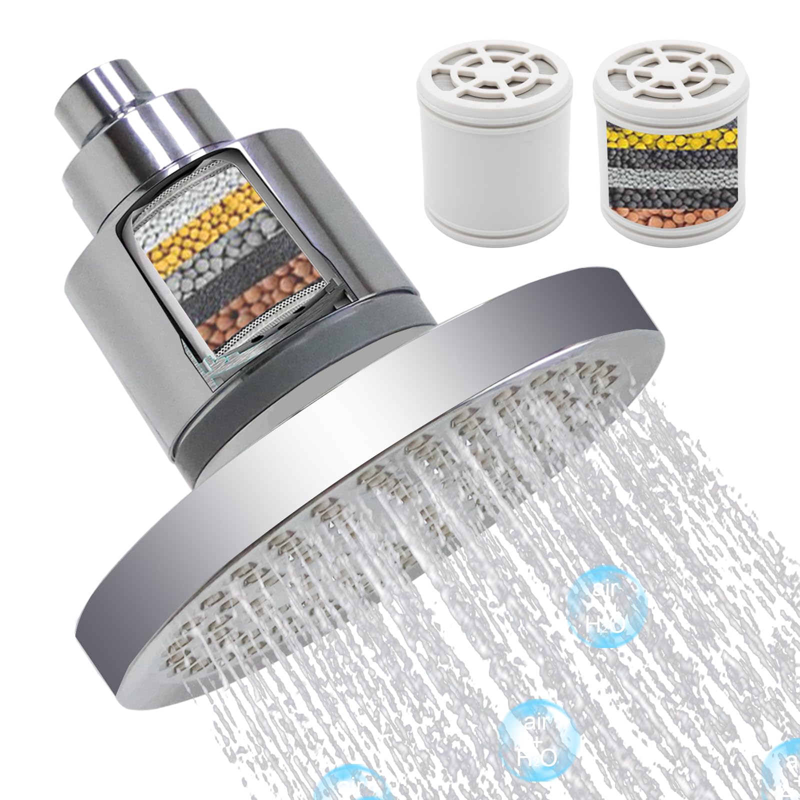 GETSHOWERSET Rain Shower Head 6 Inch, Round Fixed Rainfall Shower Head with Swivel Ball and 2 Filter, Overhead Replacement Chrome