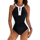 BMJL One Piece Swimsuit Women Tummy Control Modest Plus Size Bathing Suits Full Coverage Retro Color Block Swimwear