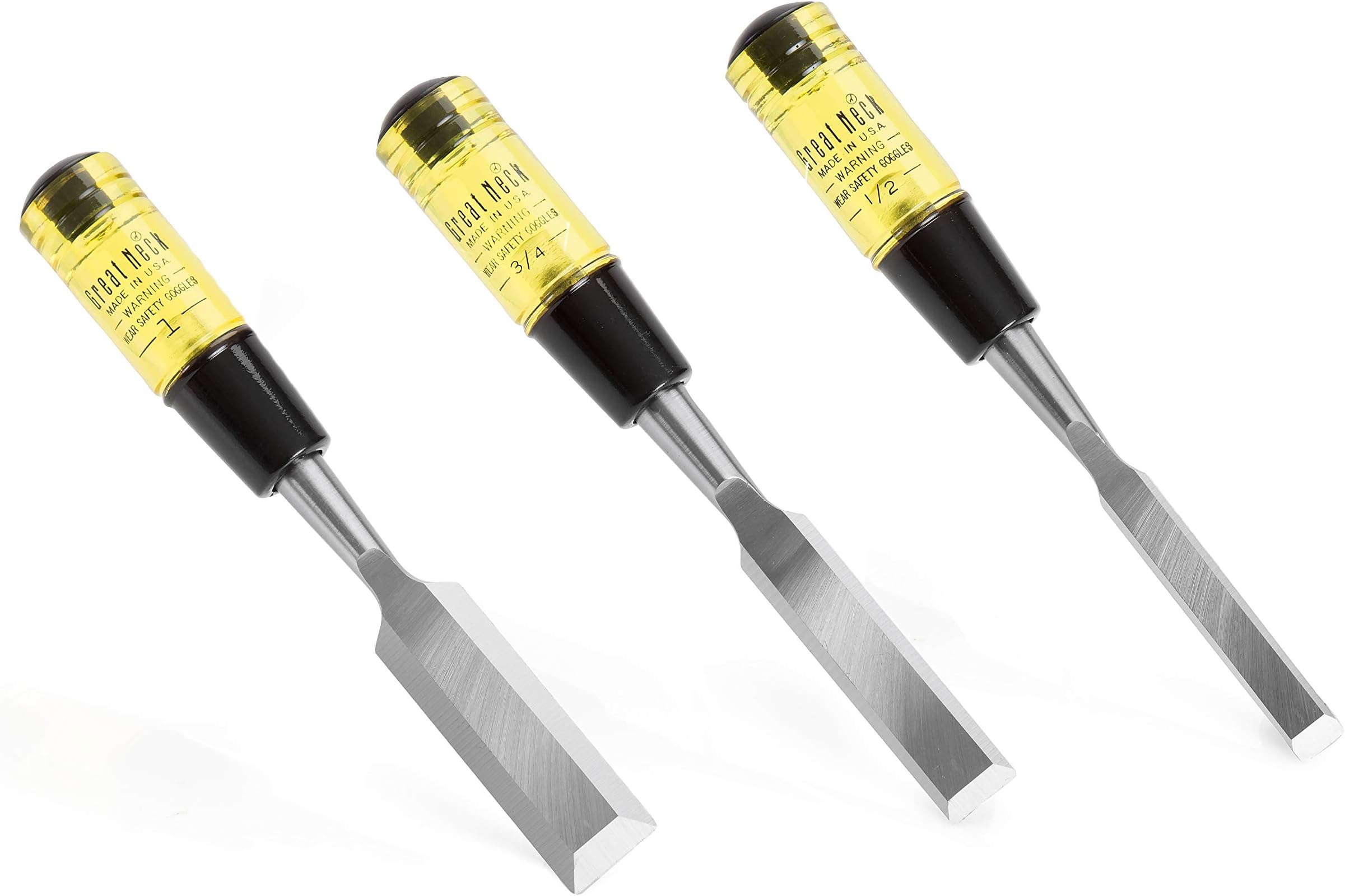 GreatNeck 1053 Professional Wood Chisel Set, 3 Piece | Carpentry Tool Set, Carve, Shape, & Cut Wood | Rugged Chisel Handles Stand up to Hammer Strikes | Professional Woodworking Tools