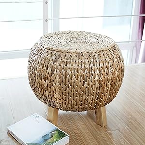 YQ WHJB Rattan Ottoman,Round Foot Stools,Sofa Bench Hand-Woven Stepping Stool Change Shoe Bench-4 Wooden Legs-A