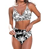 CUPSHE Women's Bikini Sets Two Piece Swimsuit High Waisted V Neck Twist Front Adjustable Spaghetti Straps Bathing Suit