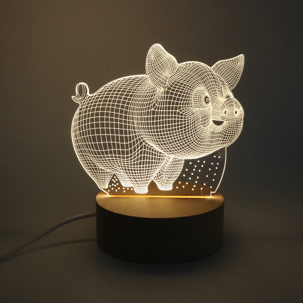 Tiardey Warm Yellow LED Table Desk Lamp Night Light Acrylic Flat With Wood Base For Home Decoration Brithday Gift - 3D Abstract Pig