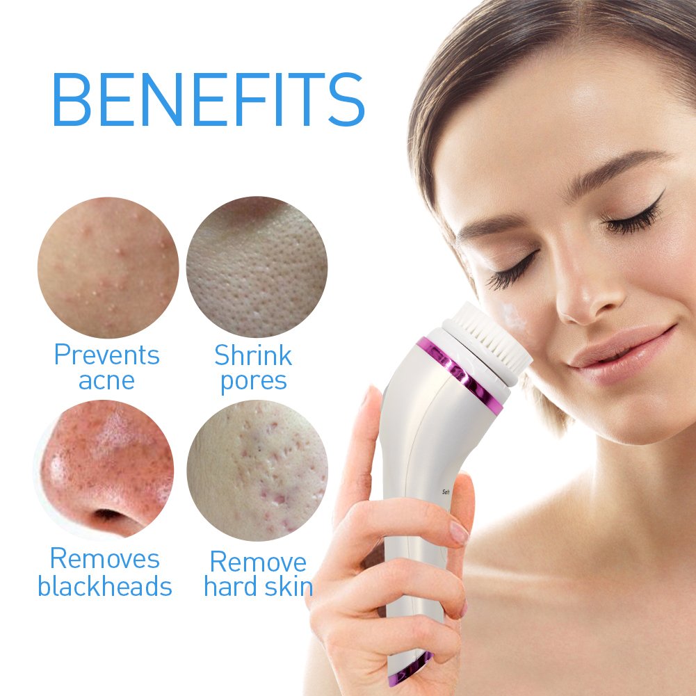 Vibrating Sonic Facial Cleansing Brush Waterproof Electric Face Washing Machine with 3 Brush Heads 1 Remover Head for Deep Makeup Remover Pore Cleaning Facial Care-Bonus A Cleansing Brush Holder