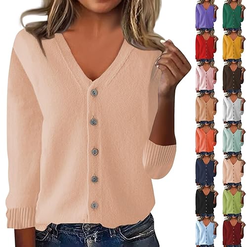 Sweaters for Women UK with Buttons Fashion V Neck Knitted Jumpers for Women Casual Long Sleeves Cashmere Cardigan Winter Warm Ladies Fleece Tops Soft Comfortable Autumn Sweaters Slim Fit Jumpers