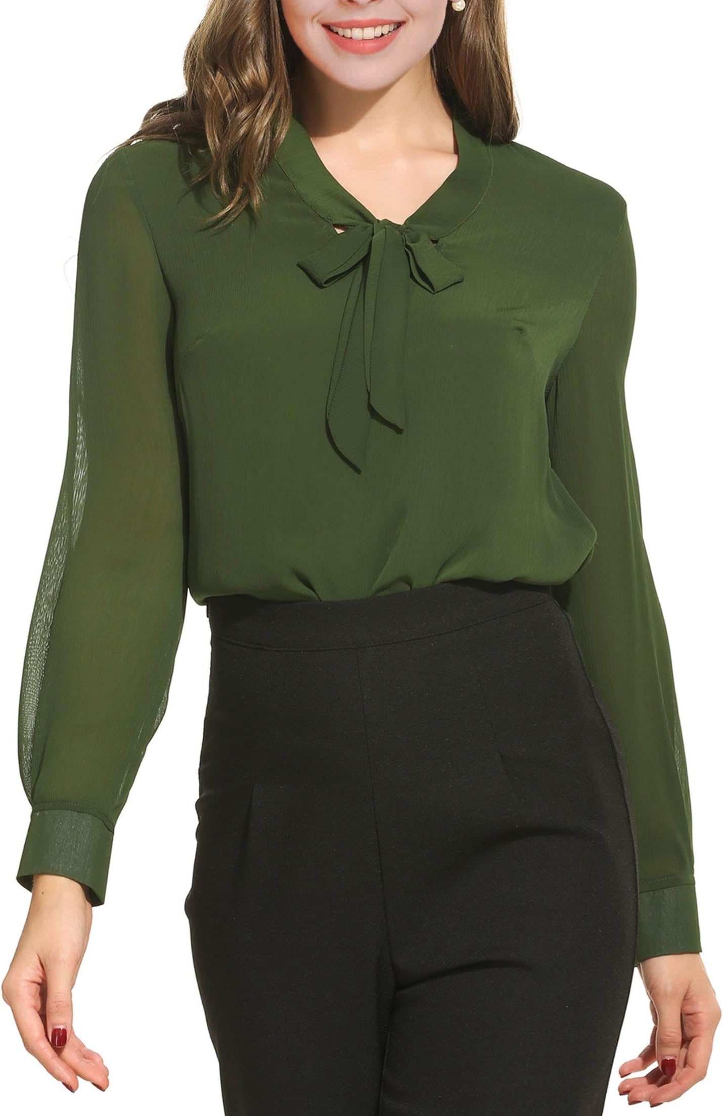 Oyamiki Women Bow Tie Neck Chiffon Long Sleeve Blouse Tops Casual Office Work Shirts