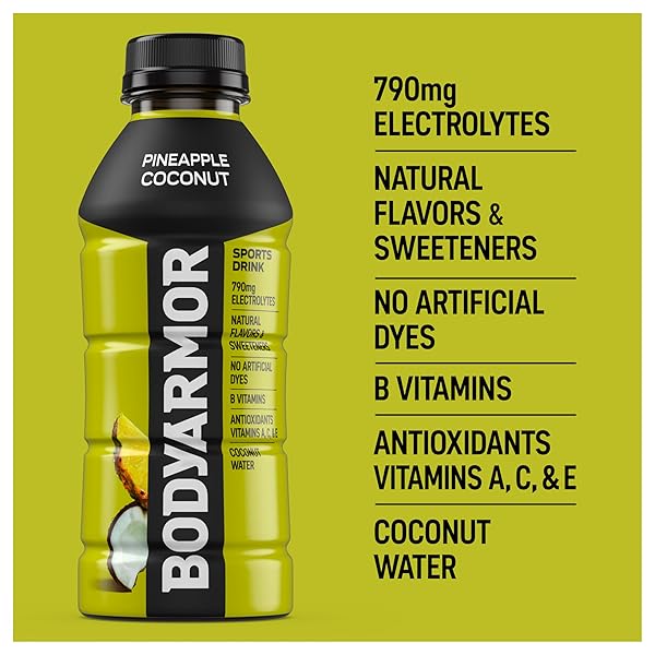 BODYARMOR SPORTS DRINK SPORTS BEVERAGE, PINEAPPLE COCONUT, COCONUT WATER HYDRATION, NATURAL FLAVORS WITH VITAMINS, POTASSIUM-PACKED ELECTROLYTES, PERFECT FOR ATHLETES, 16 FL OZ (PACK OF 12)