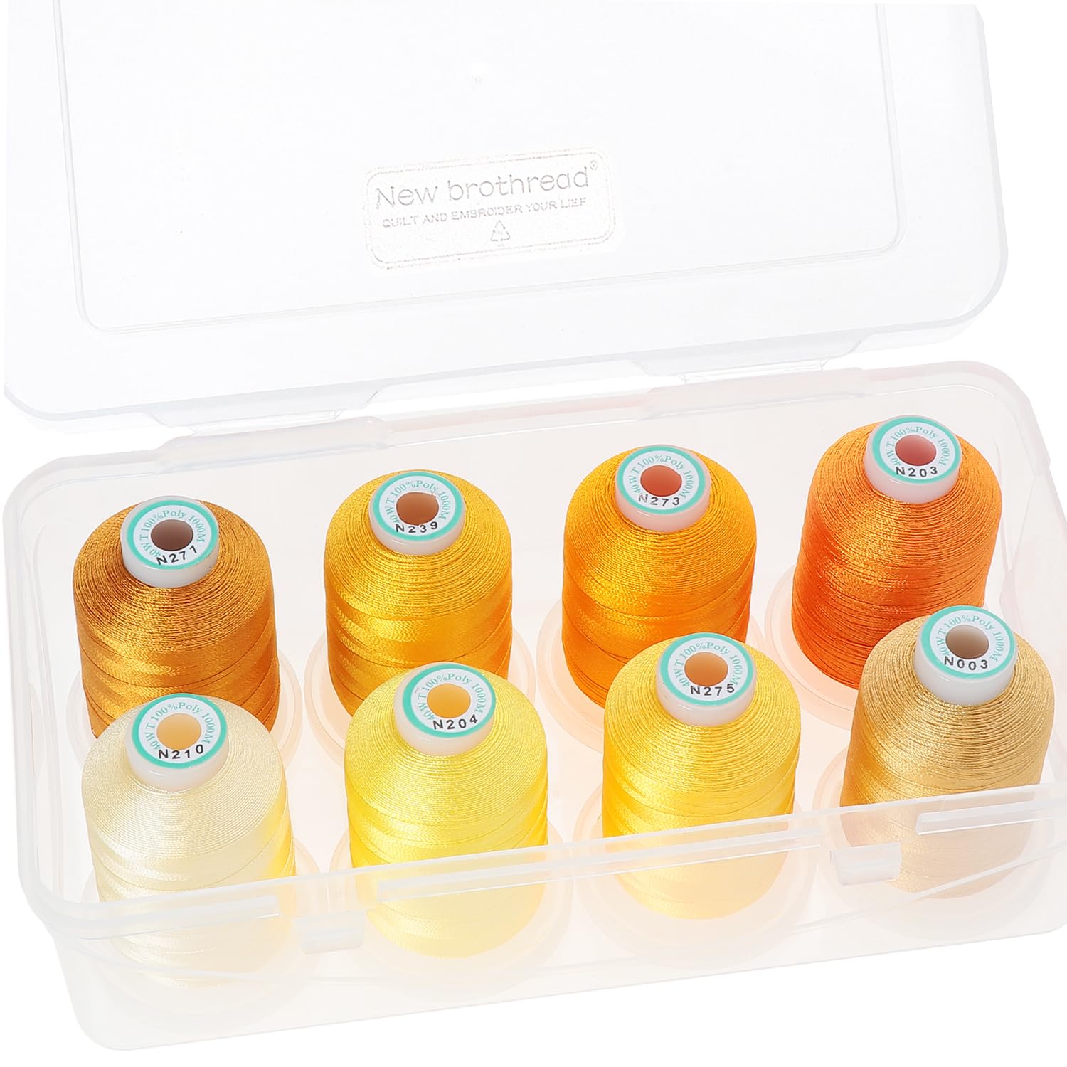 New brothread - 15 Options - 8 Snap Spools of 1000m Each Polyester Machine Embroidery Thread with Clear Plastic Storage Box for Embroidery & Quilting - Different Yellow