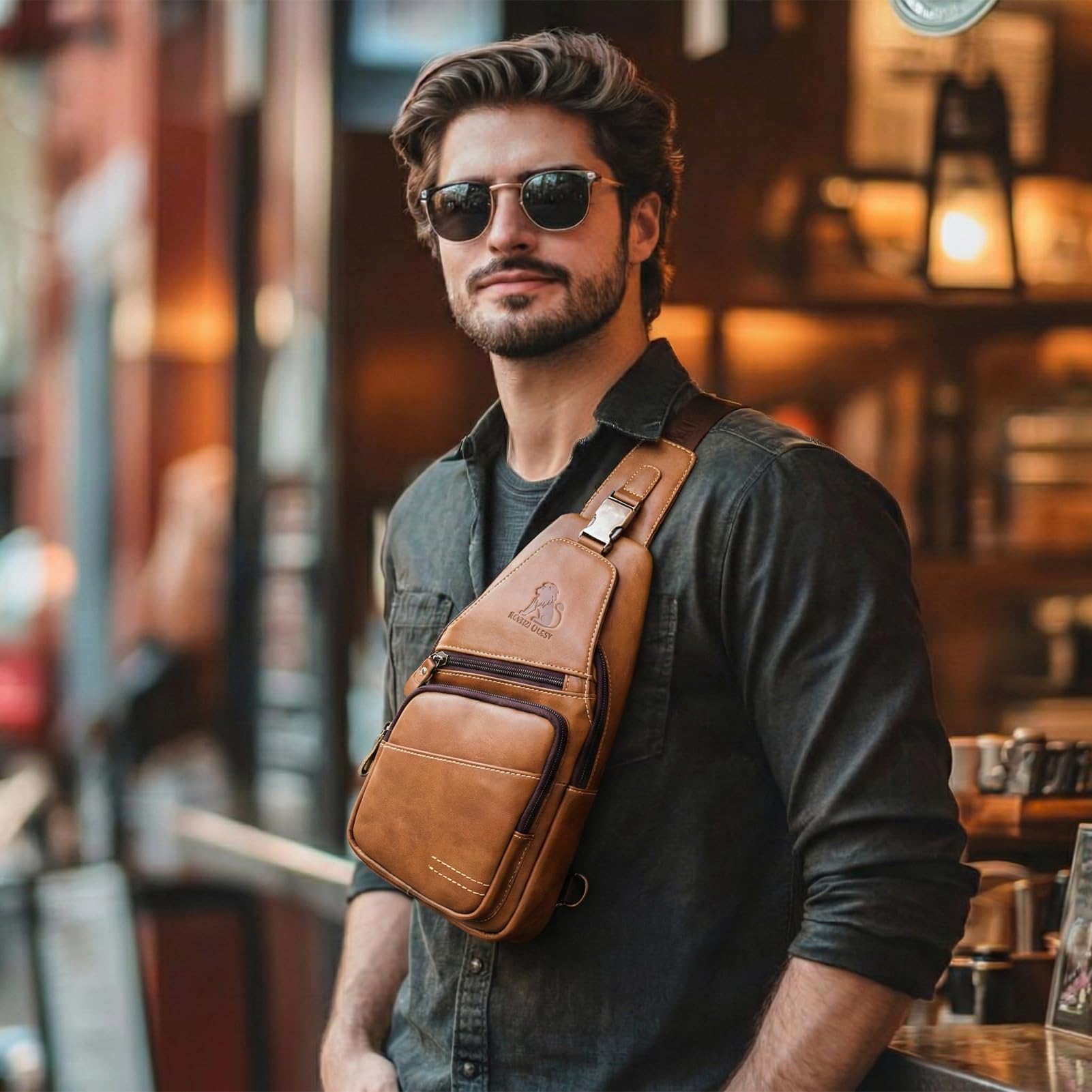 pundarika umhängetasche herren leder tasche herren brusttasche crossbody schultertasche männertasche sling bag-Braun 3