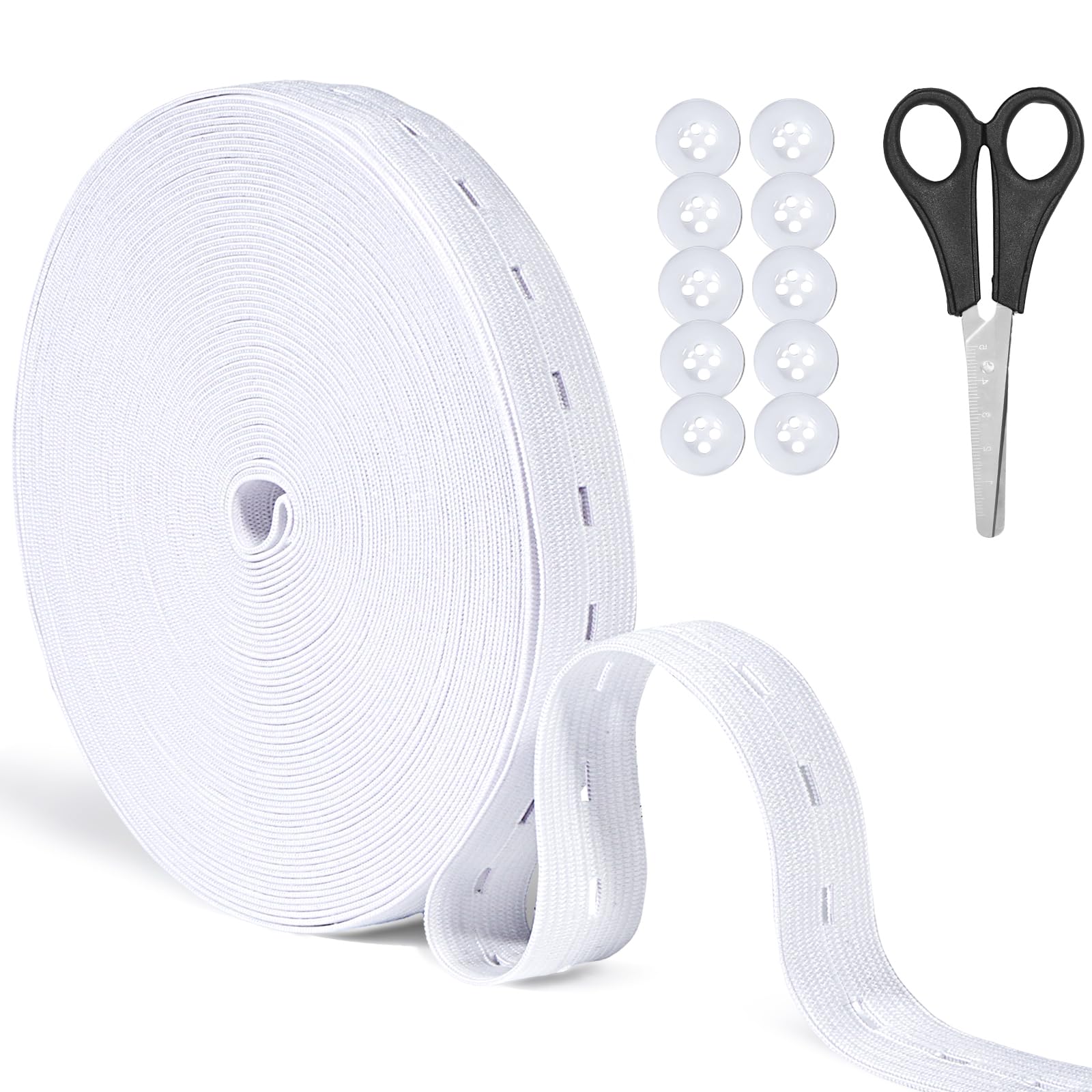 Nadisean Elastic with Button Holes, 16M Elastic for Sewing 20mm Wide with Buttonhole,White Elastic Bands with Buttonhole with Scissor and 12 Buttons, Elastic Bands for Sewing, Knitting, Crafting