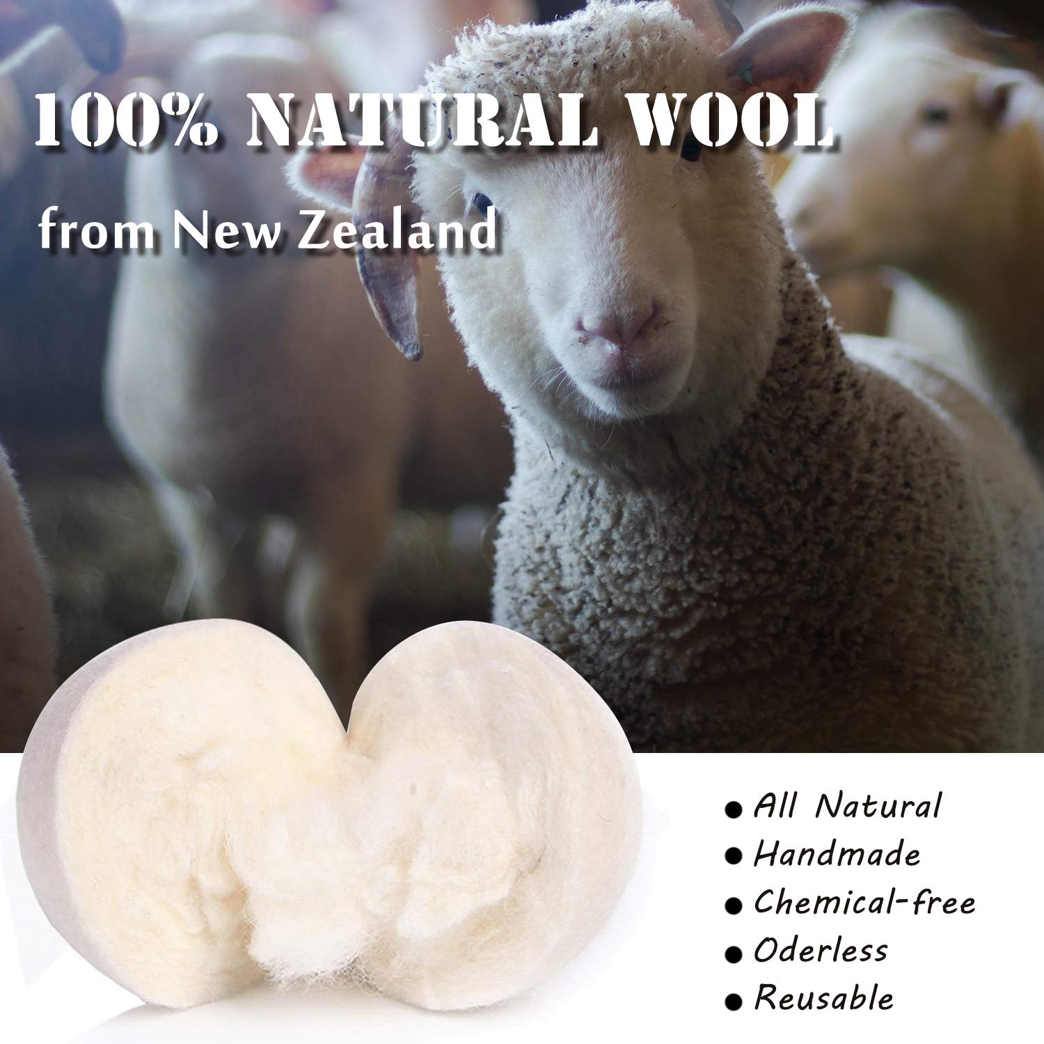 Wool Dryer Balls for Laundry - Organic New Zealand Wool, Natural Fabric Softener, Anti Static, Baby Safe, No Lint, Reusable and Odorless