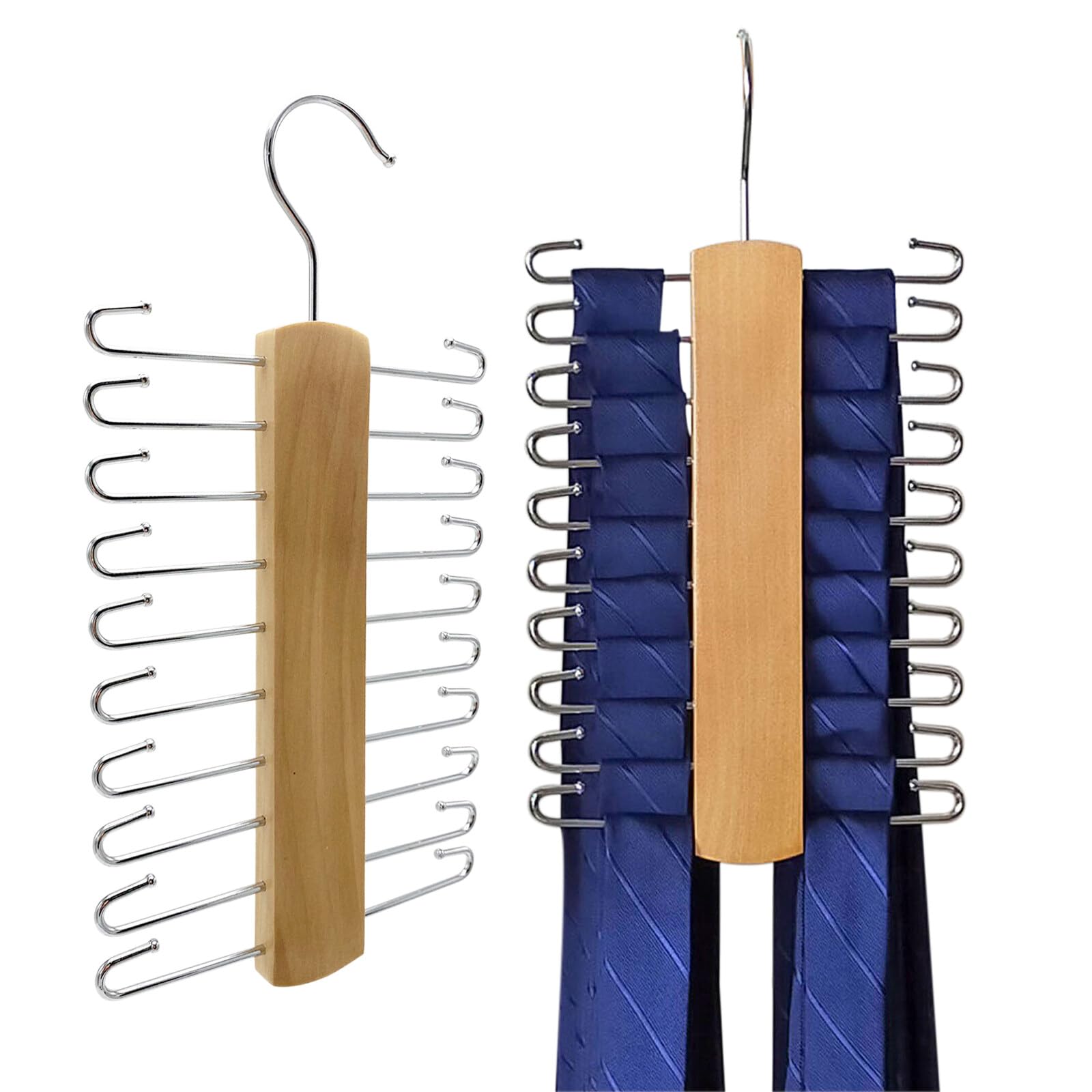 GmeDhc 2 Pcs Tie Hanger for Wardrobe, Wooden Tie Rack, Tie Storage With 20 Hooks, Coat Hangers Space Saving, for Scarves Belts Ties And Accessories