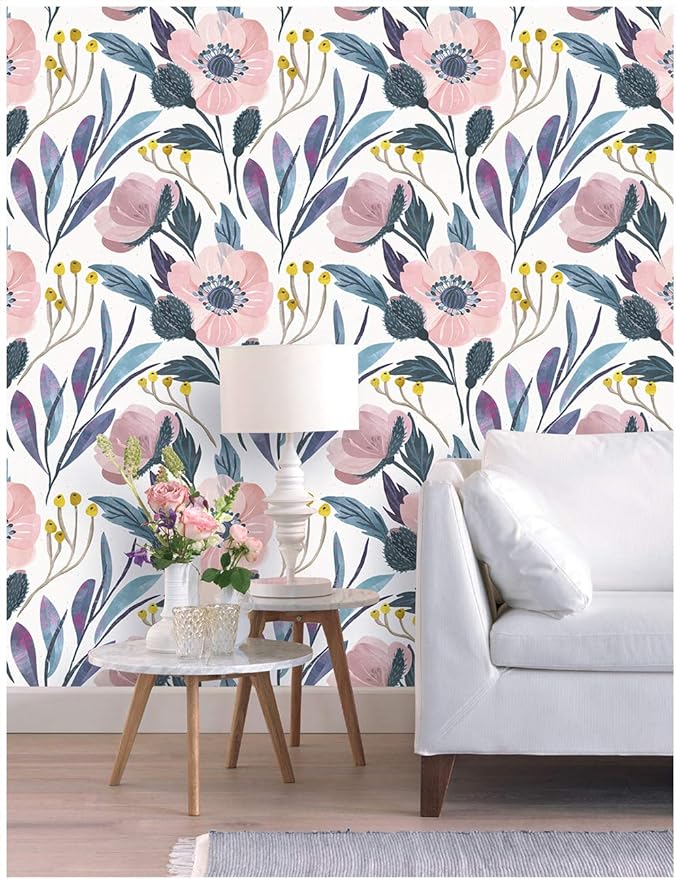 HaokHome 93019 Watercolor Peony Floral Peel and Stick Wallpaper