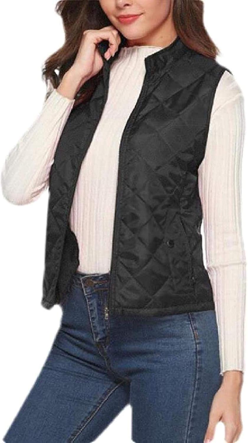 Women Sleeveless Warm Zipper Quilted Stand Collar Jacket Down Vest at