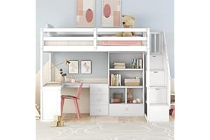 Merax Wood Loft Bed Twin Size, Multifunctional Twin Bed Frame with L-Shaped Desk and Drawers, Cabinet and Storage Staircase, White