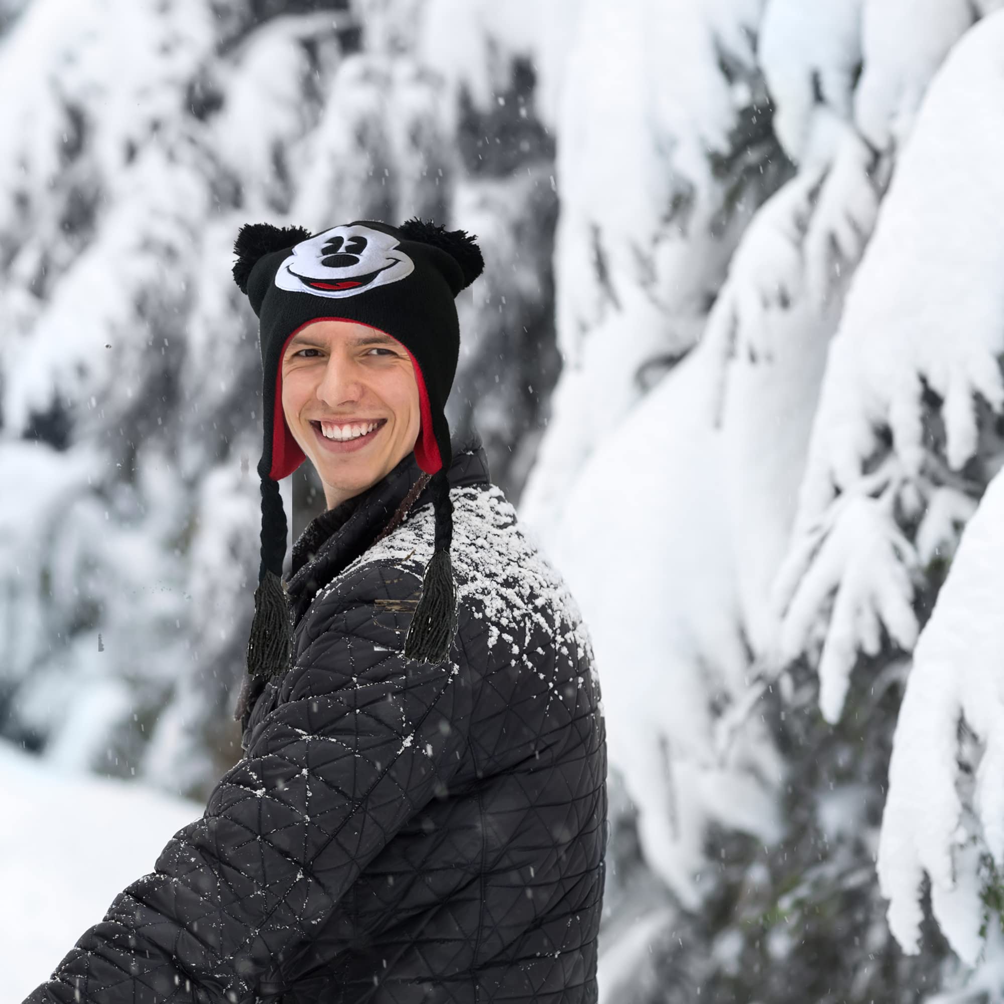 Disney Unisex Adult Mickey Mouse Acrylic Knit Winter Laplander Hat with Jumbo Knit Pom Ears and Knit Tassels Black