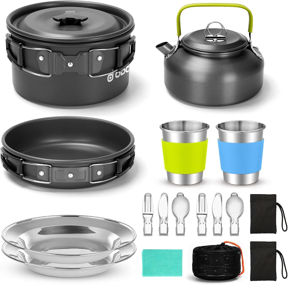 Odoland Camping Cookware Set 15pcs Nonstick Pot Pan Kettle Cups Plates Cutlery