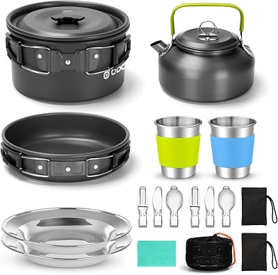 Odoland Camping Cookware Set 15pcs Nonstick Pot Pan Kettle Cups Plates Cutlery
