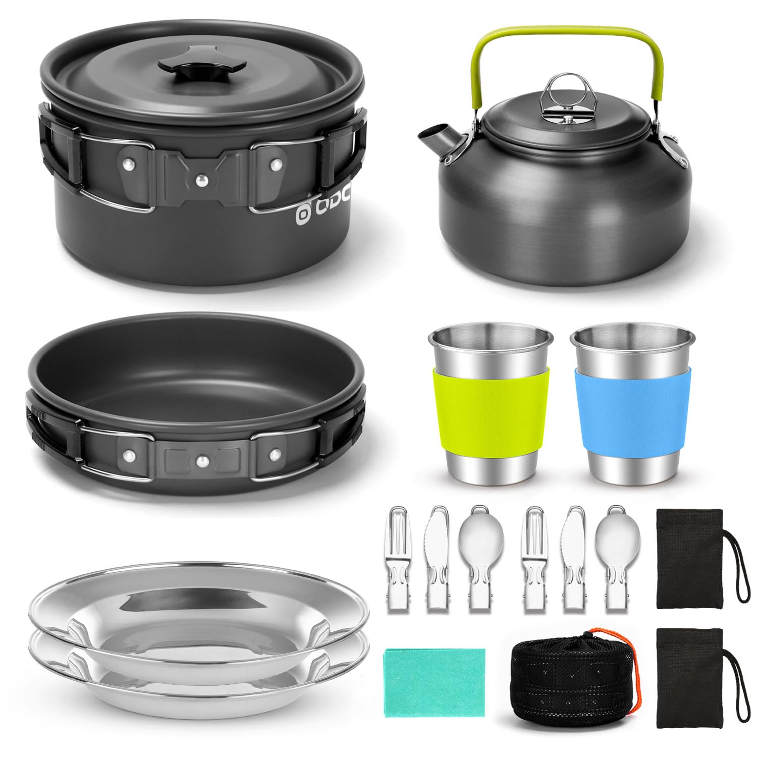 Odoland Camping Cookware Set, Non Stick Pot Pan Kettle Set with Stainless Steel Cups Plates Forks Knives Spoons for Outdoor Cooking and Picnic - Camping Cutlery Set Suit 2 People