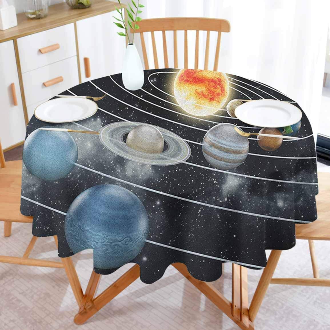 Galaxy Fitted Tablecloth Round Solar System All Eight Planets and The Sun Pluto Jupiter Mars Venus Science Fiction for Wedding Receptions, Banquets, Restaurants, Showers, and Parties 70 Diameter