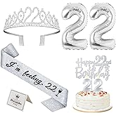22 Birthday Decorations for Women Silver with 22nd Birthday Sash and Crown, Cake Topper and Candles, Number Balloons, 22 Year Old Gifts for Women, Silver Party Decor Supplies