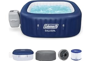 Coleman Atlantis AirJet Large Square 4 to 6 Person Inflatable Hot Tub Portable Outdoor Spa with 140 AirJets and EnergySense Cover, Blue