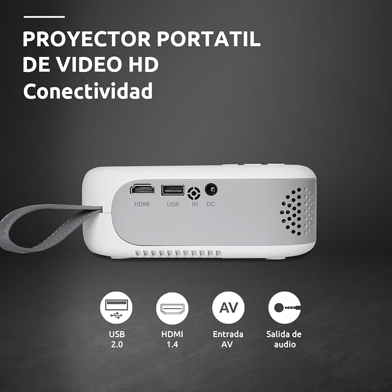 STRONG - Mini Projetor de Vídeo N1 - Resolução HD 720p Compatível com Full HD 1080p - 120 ANSI Lumens - Distância de projeção 0,9 a 6,2 m - Conectividade HDMI/USB/AV + Saída de Áudio - Branco