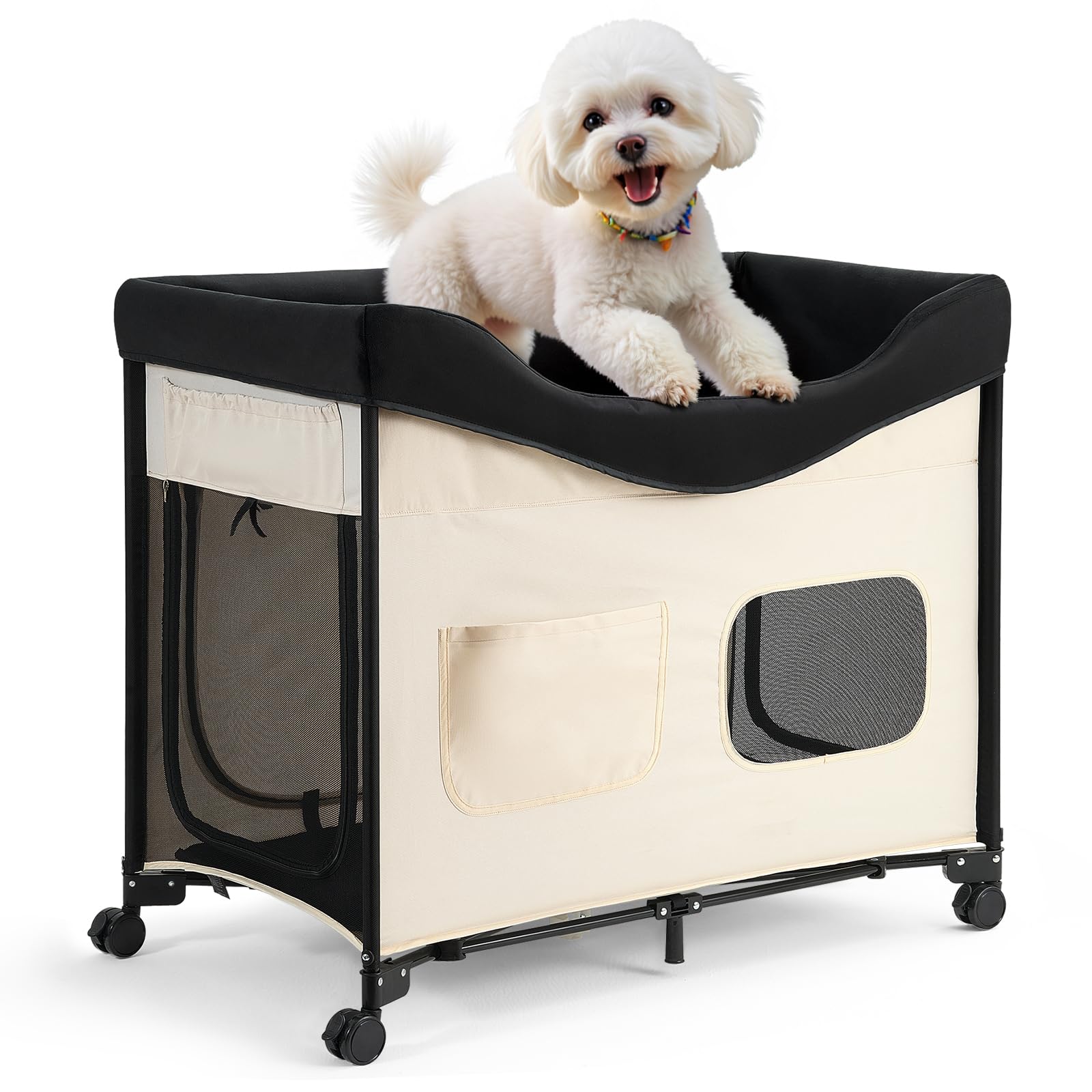 Photo 1 of ***RIP IN BAG**FINAL SALE***VEVOR Bedside Lounge Pet Bed, Foldable Bunk Dog Bed with 600D Oxford Cloth and Dutch Velvet, Portable Raised Cot with Wheels, Side Storage Bags, and Carry Bag for Cats & Dogs, XL, Beige