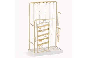 Lolalet Jewelry Organizer Stand, No Assembly Needed Jewelry Display Storage with Rotating Earring Holder and Velvet Ring Tray for Necklace Bracelet Studs,Aesthetic Gifts for Women Teen Girls -Gold