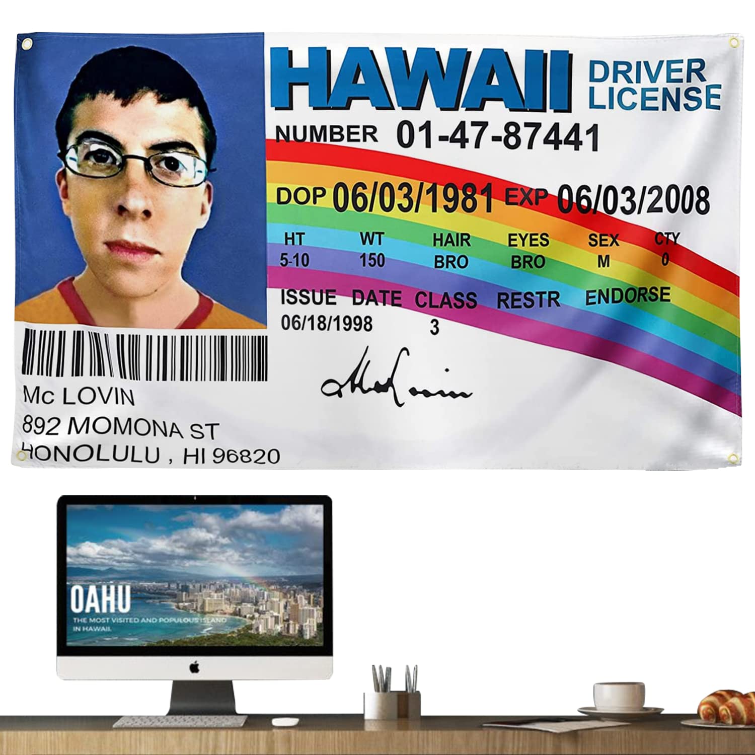 Funny McLovin ID Flag Fake Driver License,3x5 FT Tapestry Banner Meme Poster with 4 Brass Grommets,HD Printing,Thick Cool Flags for College Dorm Room Decor and Bedroom Teen