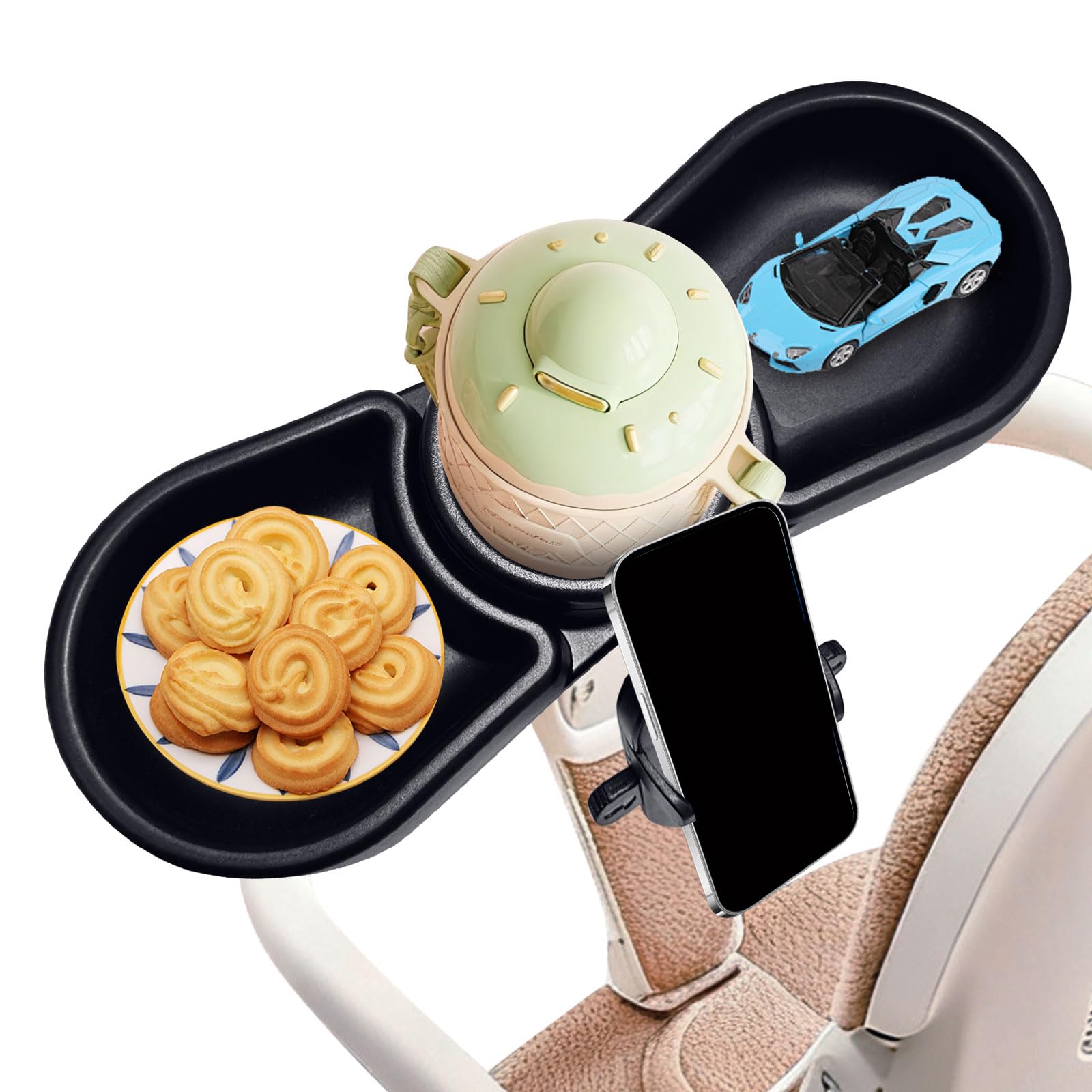 Photo 1 of 4-in-1 Universal Stroller Snack Tray Accessory with Cup, Phone Holder, and 360° Rotatable Design; Stroller Travel Accessory, Dishwasher Cleanable, Detachable, Universal Size
