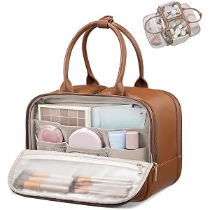 LOVEVOOK Large Makeup Bag for women, Leather Travel Toiletry Bag | Wide-Open Access, Waterproof Cosmetic Bag Organizer for Sh