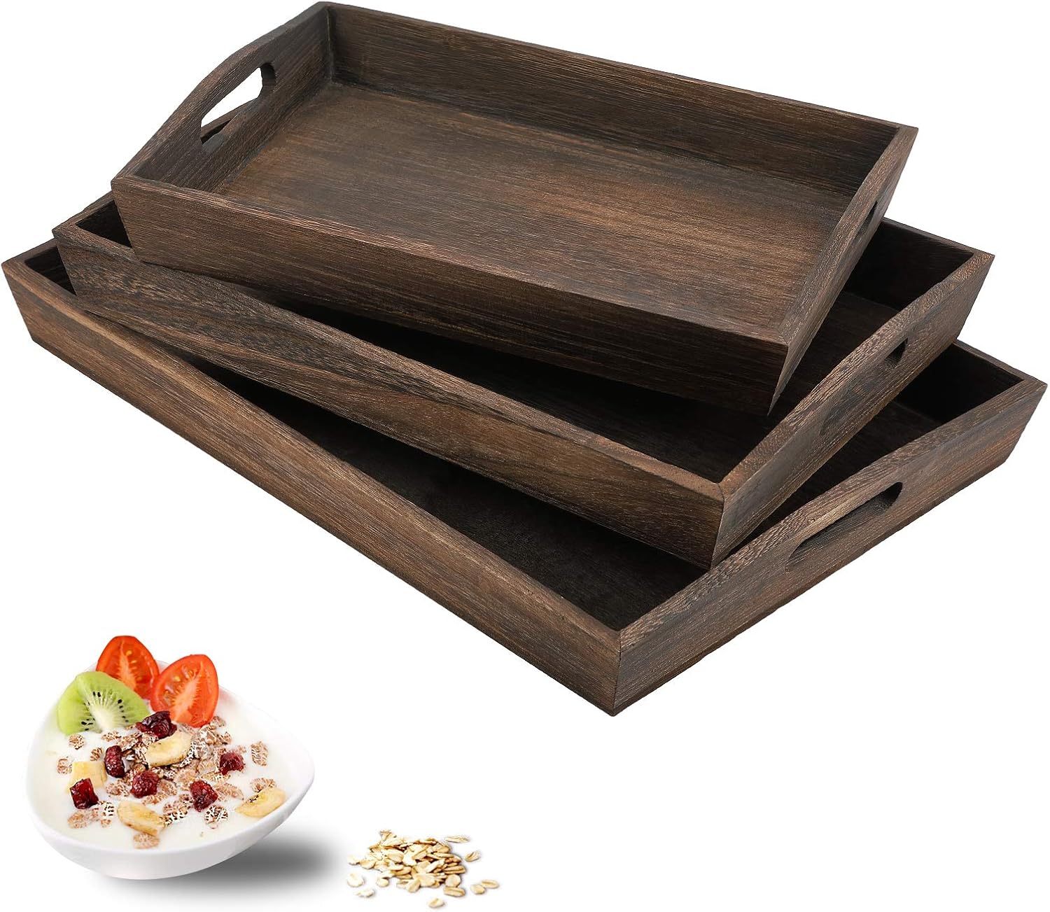 JUZI Rustic Wood Serving Tray with Handles-Set of 3(3PC Set)-Large Serving Trays for Eating, Breakfast, Party, Kitchen, Ottoman,Tea Coffee Table& Home Decor, Large Decorative Serving Trays Set