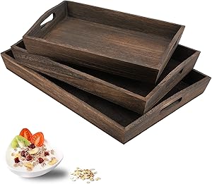 JUZI Rustic Wood Serving Tray with Handles-Set of 3(3PC Set)-Large Serving Trays for Eating, Breakfast, Party, Kitchen, Ottoman,Tea Coffee Table& Home Decor, Large Decorative Serving Trays Set