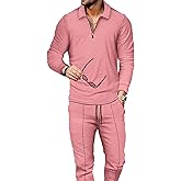 Kubsid Size M Pink Men's Polo Track Suit Sets Long Sleeve Mens Outfits 2 Piece Fashion Sweatsuit Comfy Casual Set for Men