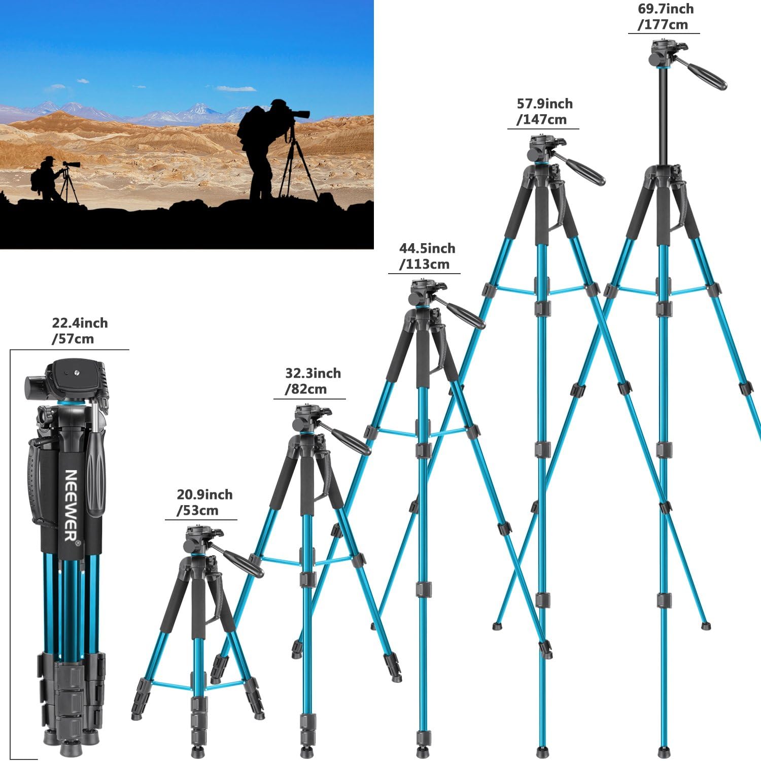 Neewer Portable 70 inches/177 centimeters Aluminum Alloy Camera Tripod Monopod with 3-Way Swivel Pan Head, Bag for DSLR Camera, DV Video Camcorder, Load up to 8.8 pounds/4 kilograms Blue(SAB264) : Camera & Photo