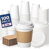 Fit Meal Prep 100 Pack 8 oz Disposable Coffee Cups with Lids, Sleeves, Leak-Proof To Go Coffee Cups with Lids, Durable Hot Paper Cups for Hot Cocoa and Coffee Bar Supplies