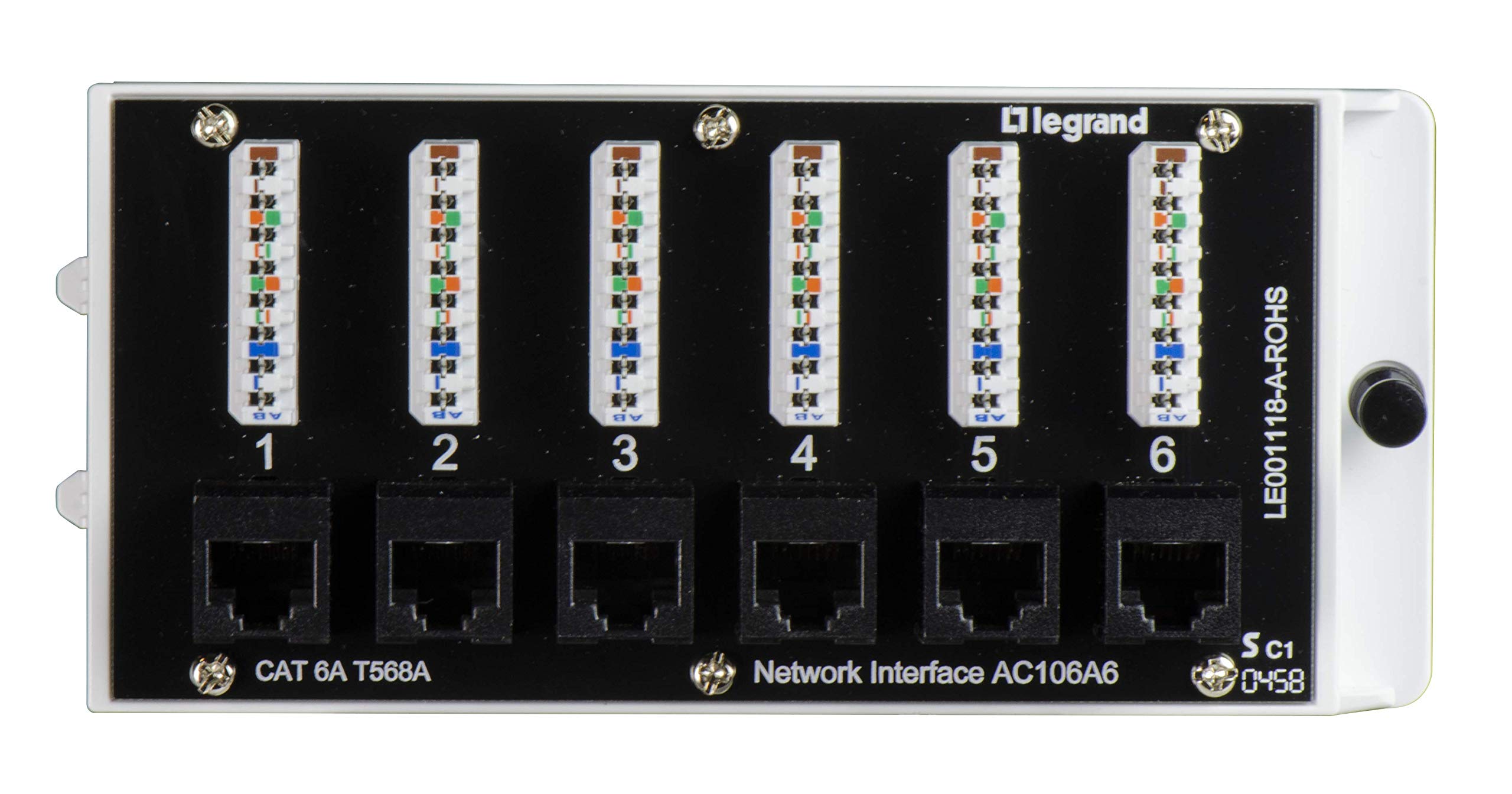 Legrand – OnQ Home Theater Patch Panel, 6 Port Interface Module, Cat 6A Network Patch Panel for Wired Ethernet Connection, Black, AC106A6
