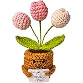 Qobacxso Emotional Support Crochet Flower in Pot,Uplifting Handmade Knitted Plush Plant with Positive Affirmation Card,Cheerful Gift for Office Desk Decor,Home,Car(Pink Tulip)