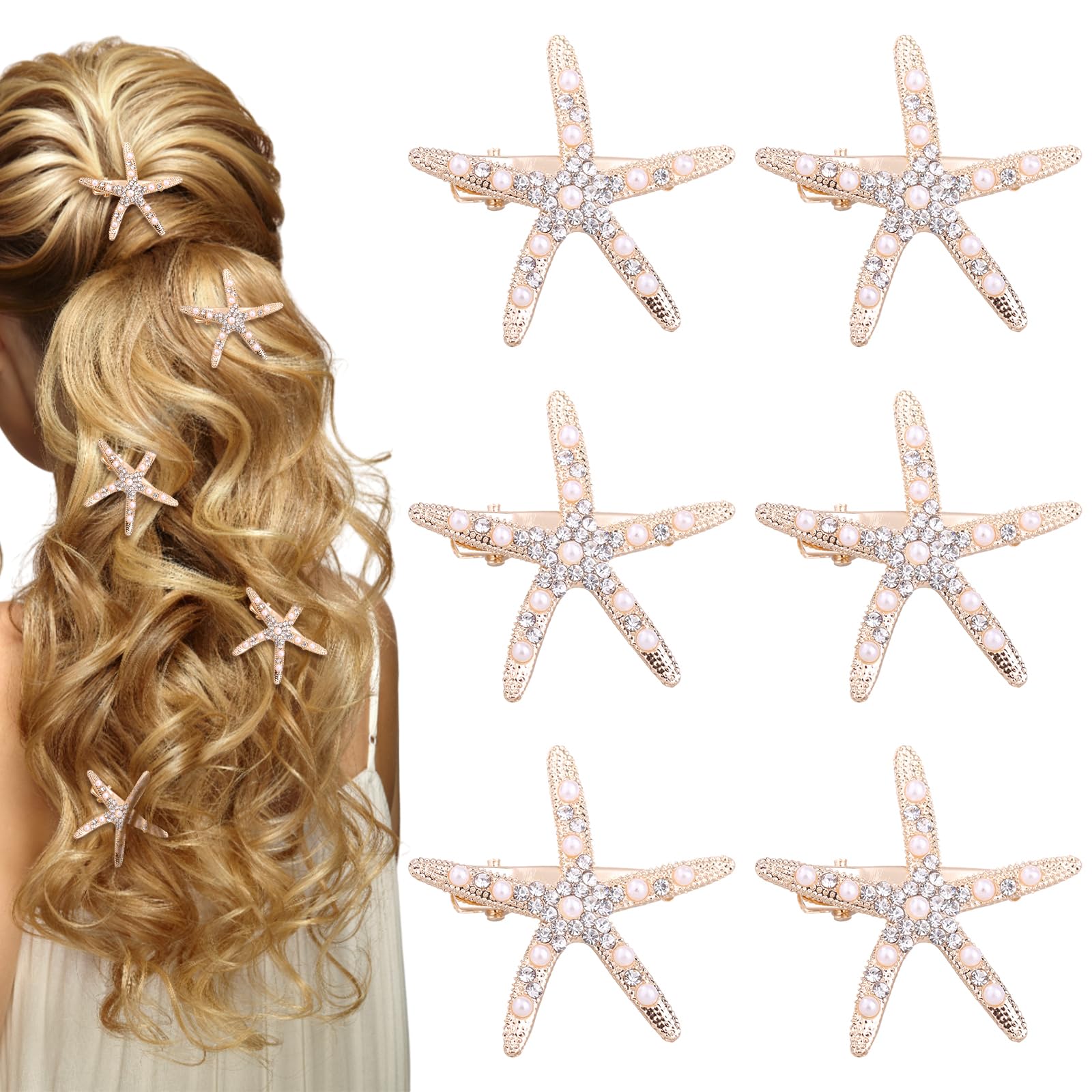 UILYNIU 6 Pieces Pearl Starfish Rhinestones Hair Clips Elegant Bridal Pearl Hair Clips Hair Pin for Woman and Girls, Hair Accessory for Sea Themed Festival Bridal Hair Decoration Wedding Gift (Gold)