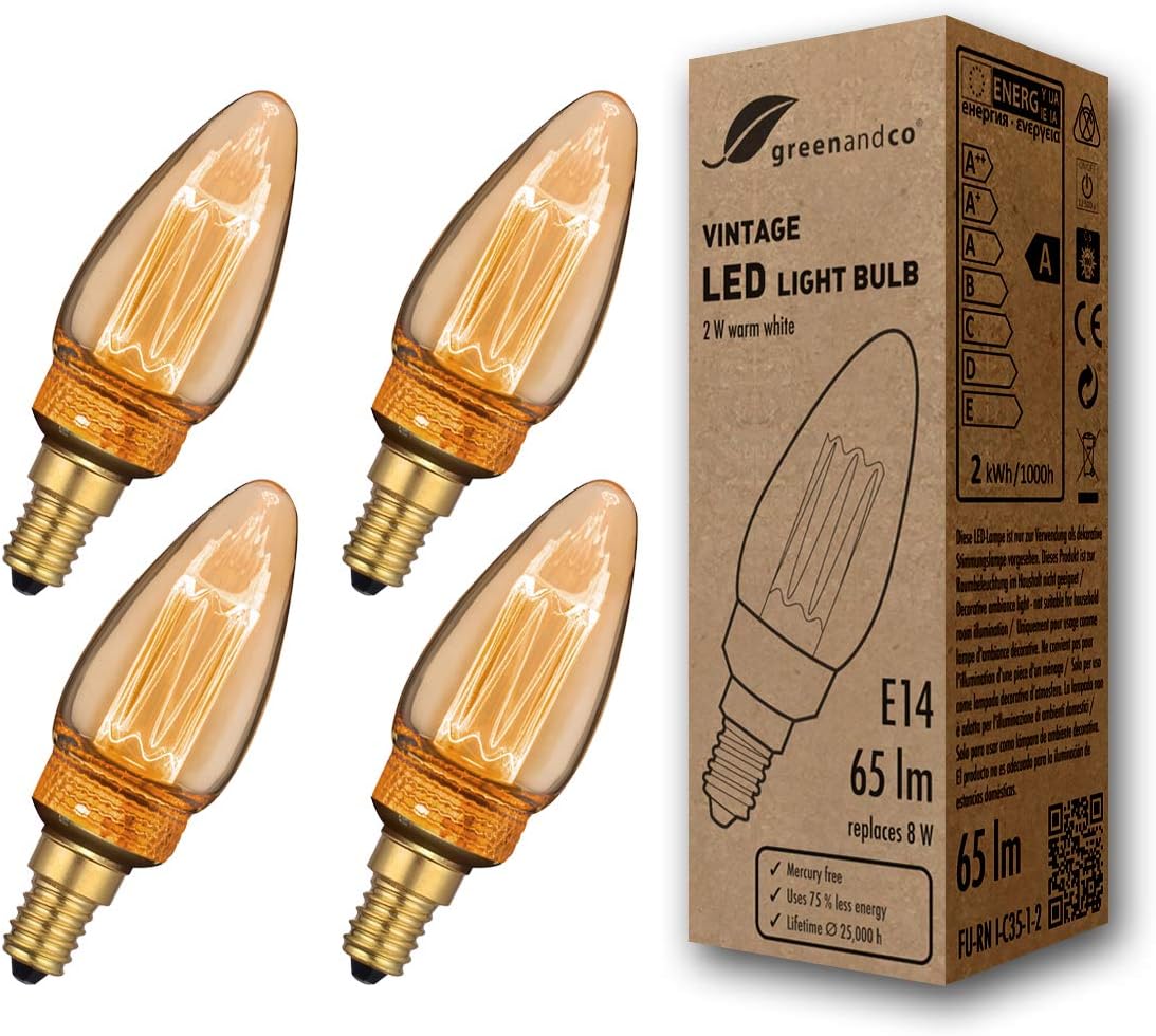 greenandco 4X Decorative LED Vintage Light Bulb, E14 C35 Amber, 4 Count (Pack of 1)