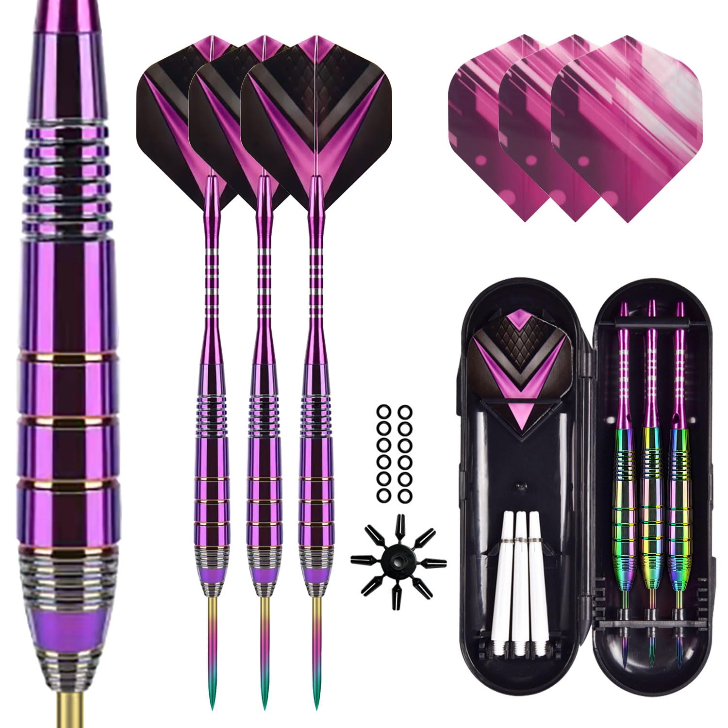 Himmbods Darts Metal Tip Set 3 Aluminum Shaft Metal Dart Set Professional Darts Plastic Tip Sets + Extra 3 Dart Flights 3 Replace Plastic Shafts Beginner or Professional Darts (Purple A)