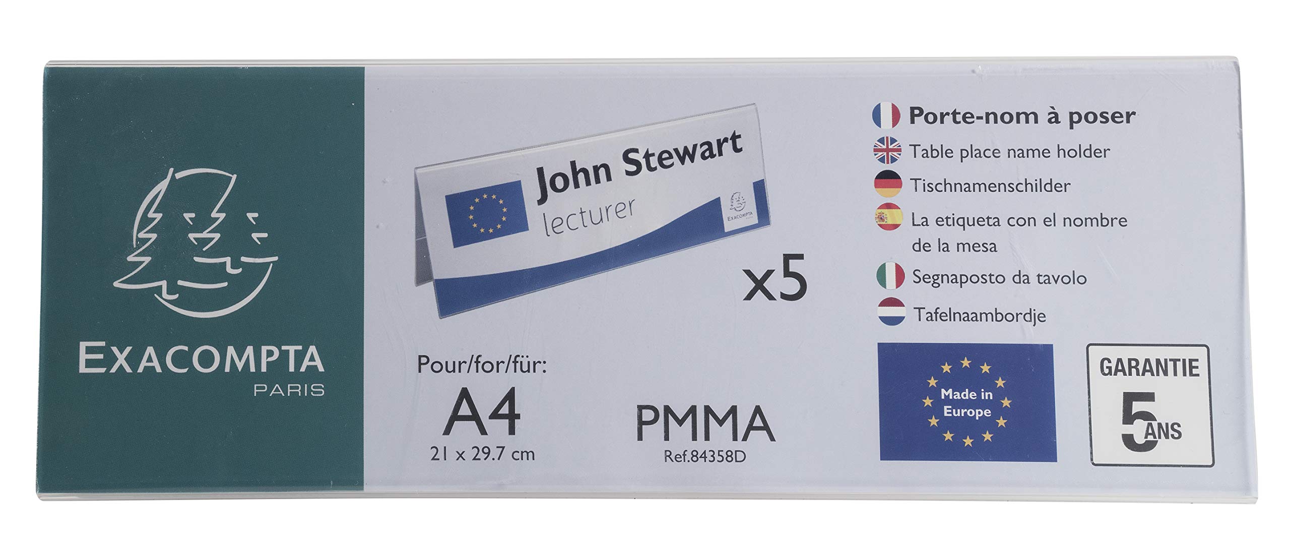 Exacompta - Ref 84358D - Name Tag Display Stand - Suitable for A4 Paper Folded Landscape, Made from PMMA (Acrylic) Material - Clear Transparent (Pack of 5)